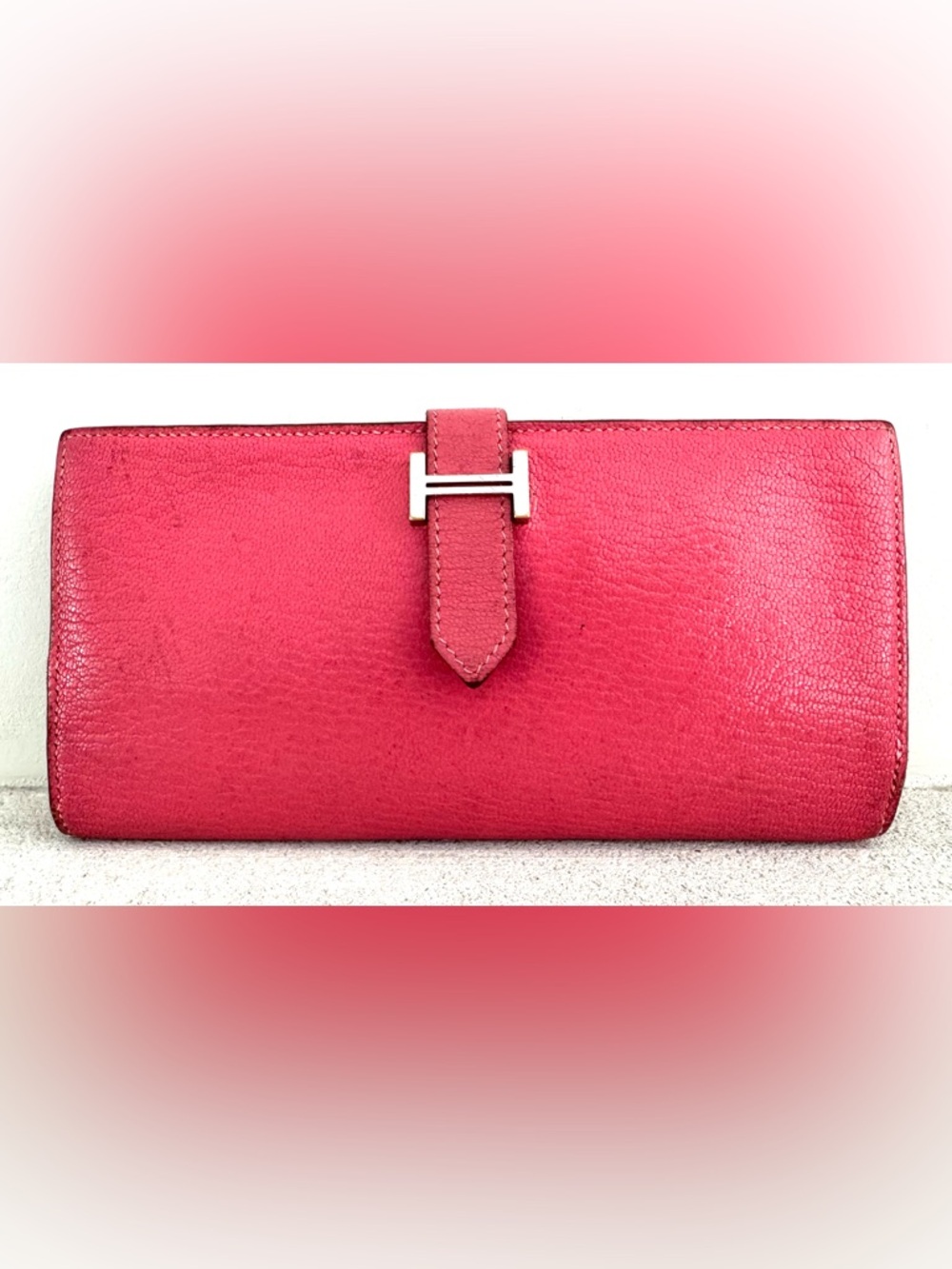 HERMES Bearn Wallet Pink Chevre Leather Silver H Long Wallet